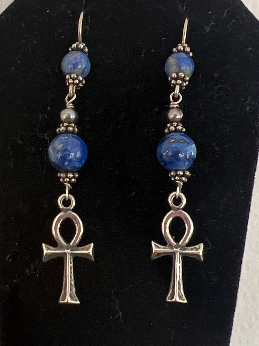 Silver Ankh Drop Earrings with Blue Stone Beads